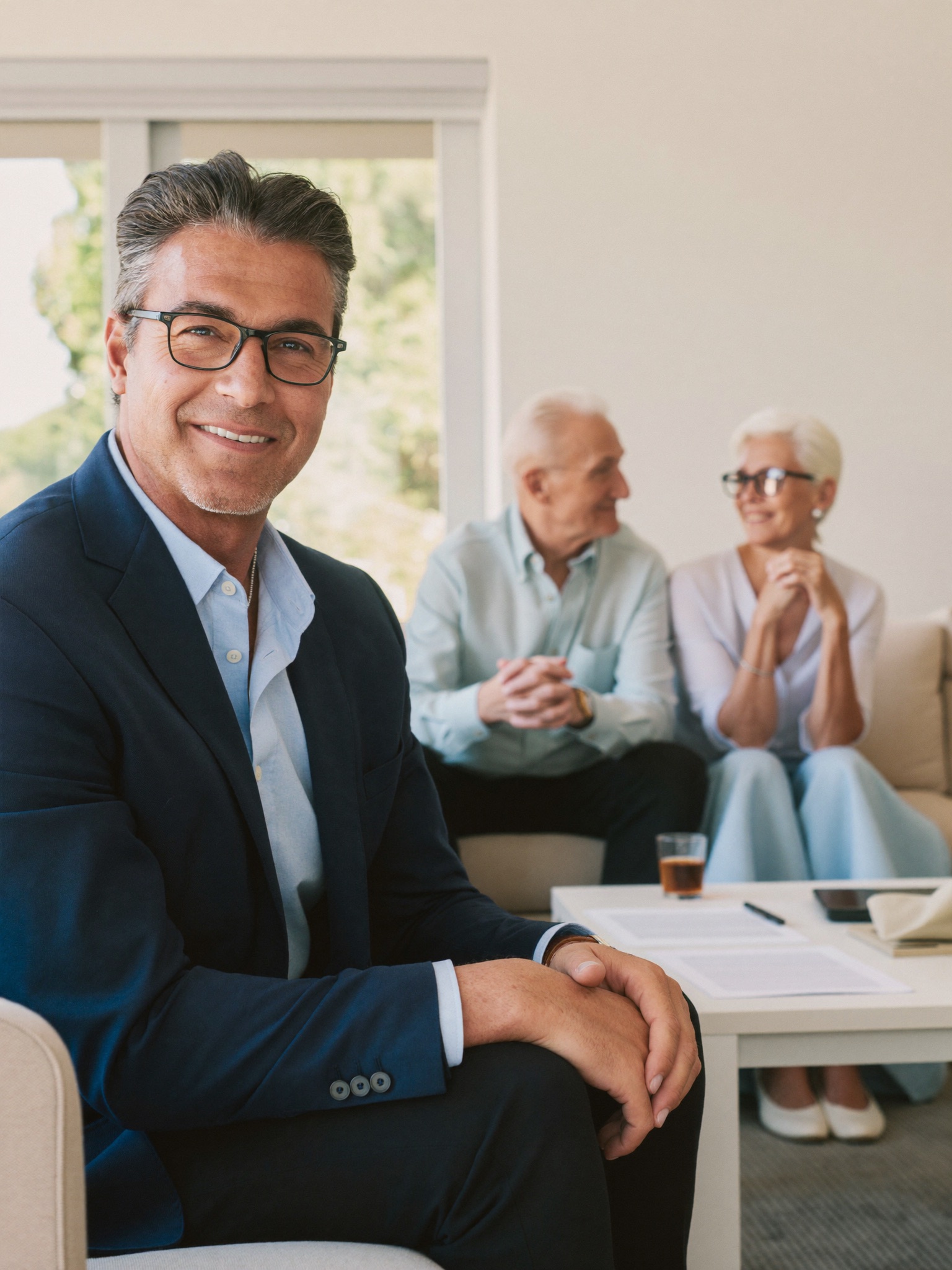 A financial adviser sitting down with clients in their home